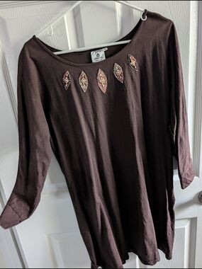 Embroidered Scoop Neck Tunic - Brown